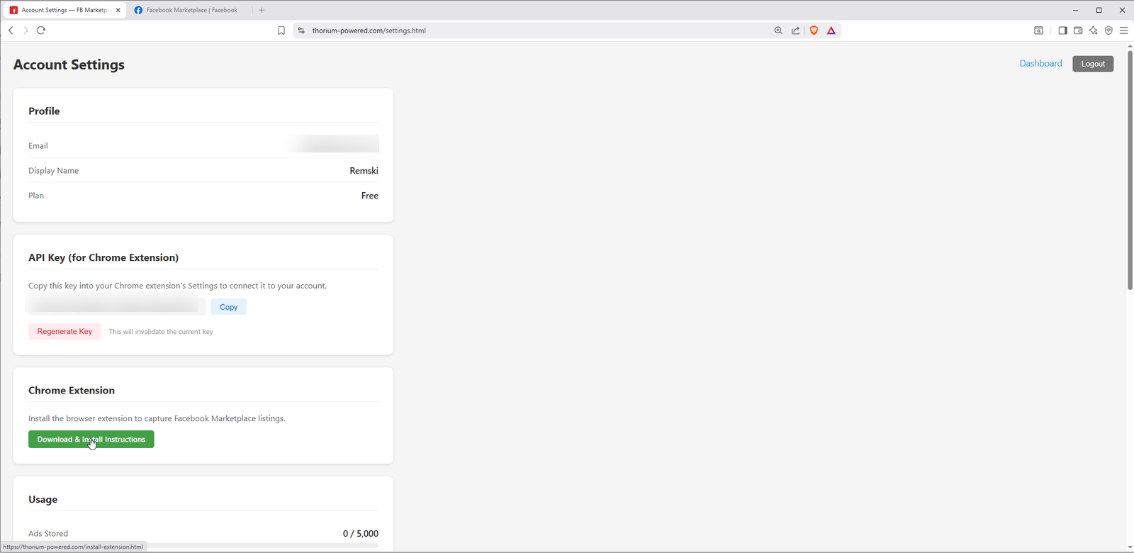 Account Settings page showing Download button