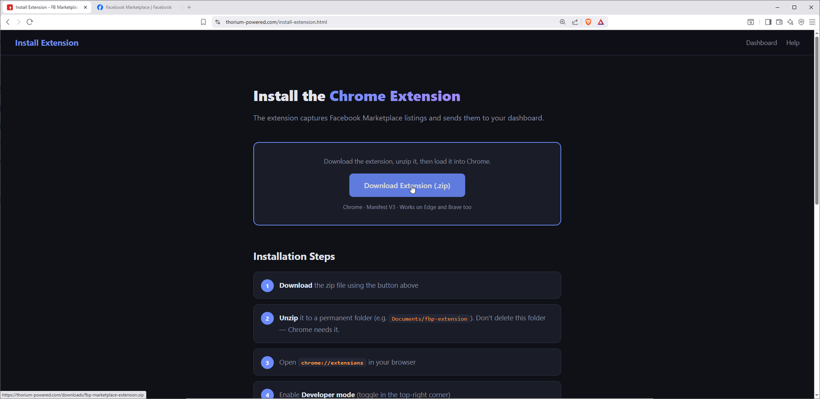 Install Extension page with download button