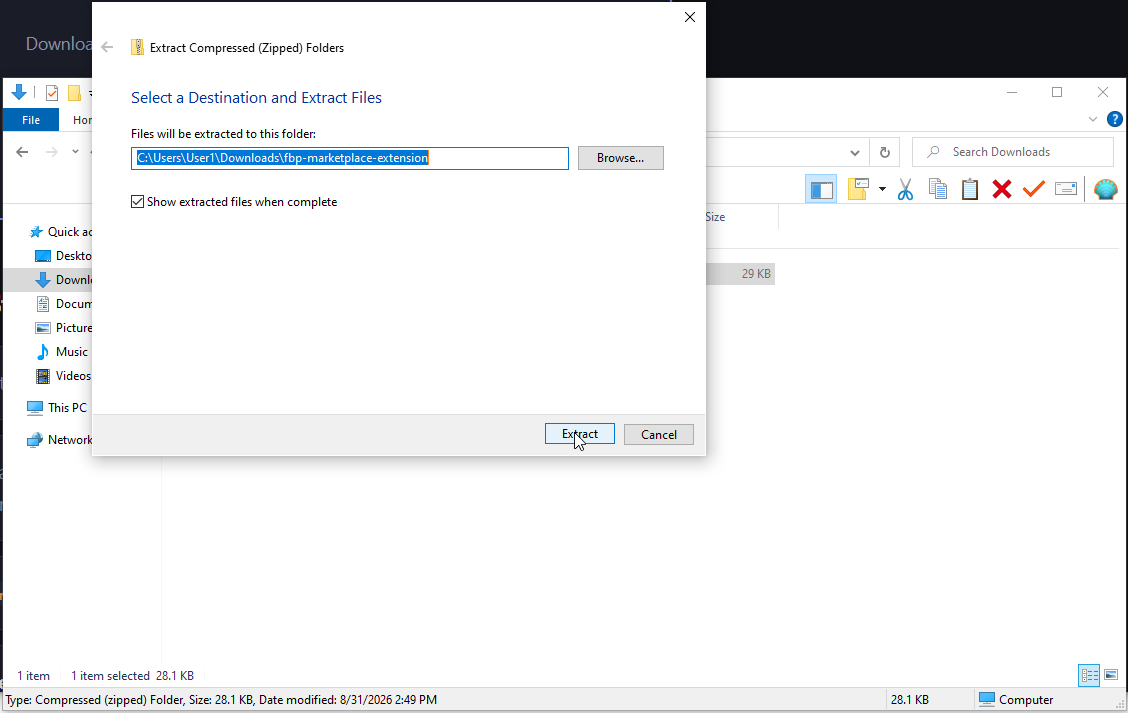 Extract dialog with destination path