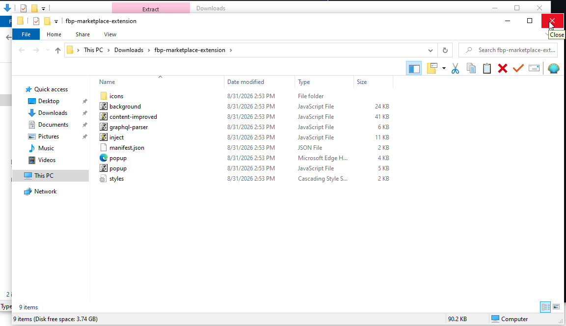 Extracted folder showing extension files