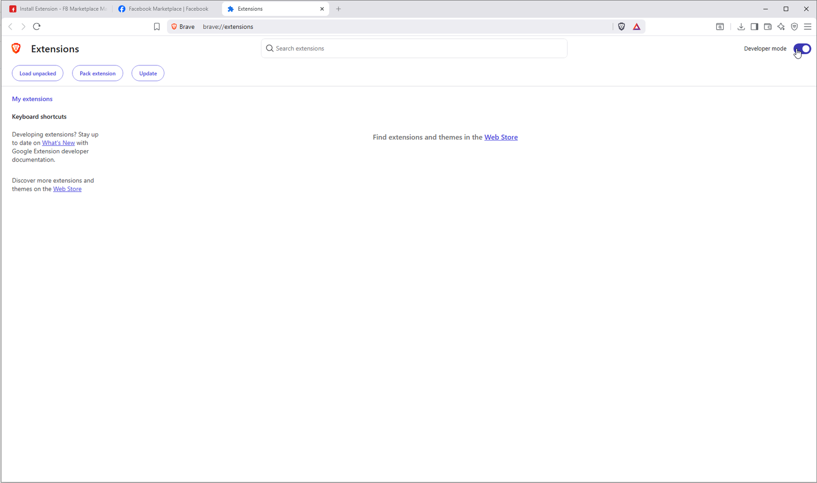 Extensions page with Developer mode toggle