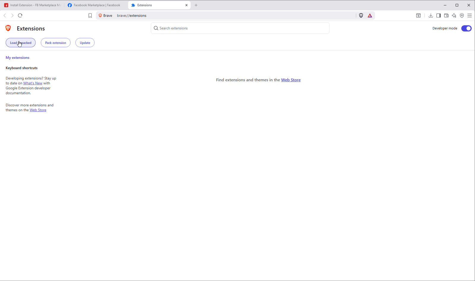 Extensions page with Load unpacked button highlighted