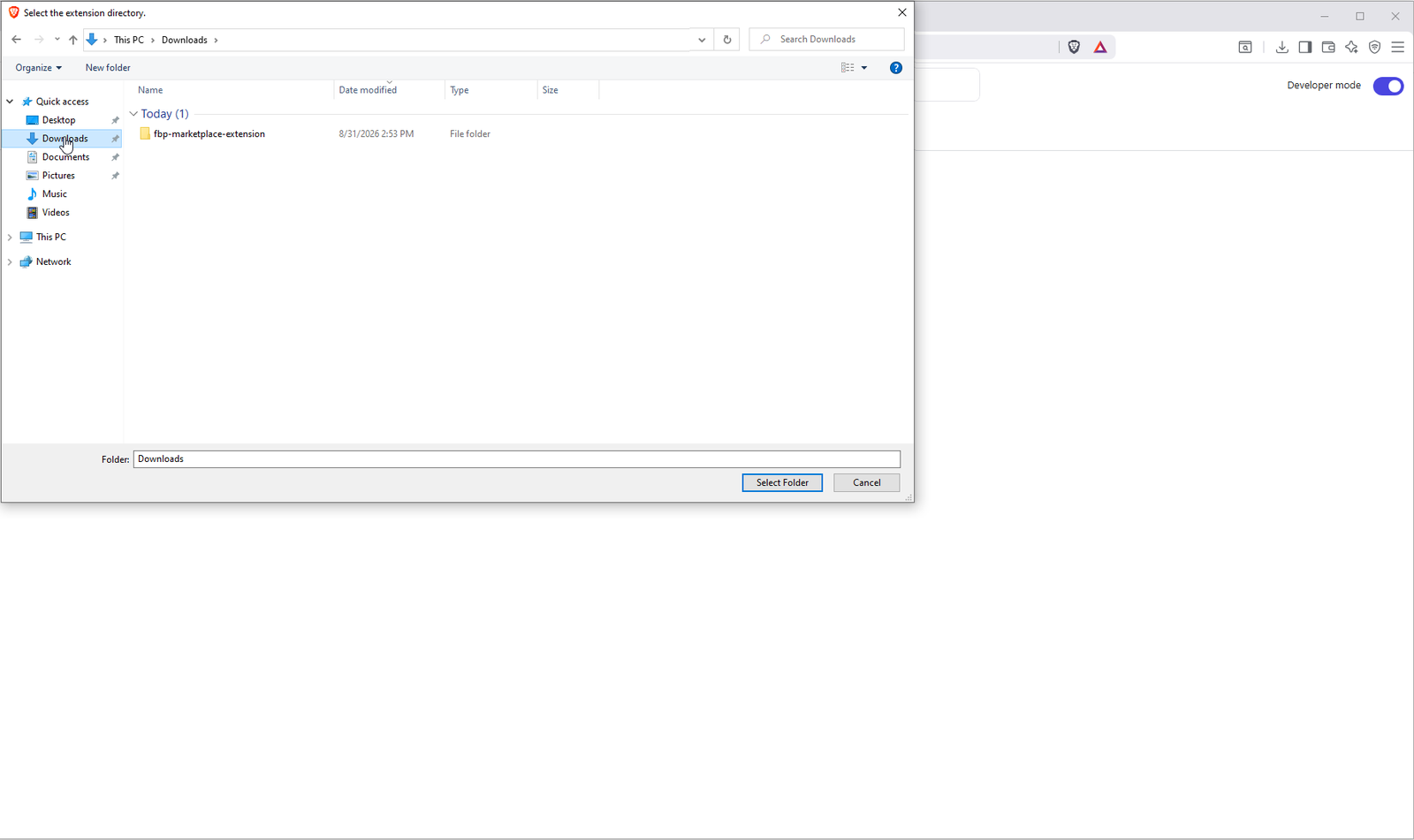 Folder picker showing fbp-marketplace-extension folder