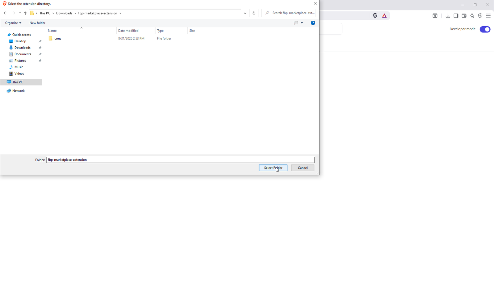 Inside the extension folder, clicking Select Folder