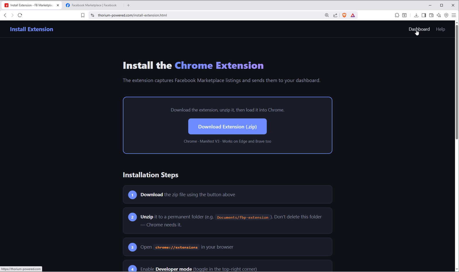 Install Extension page with Dashboard link
