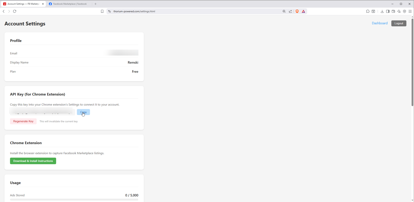 Settings page with API key Copy button
