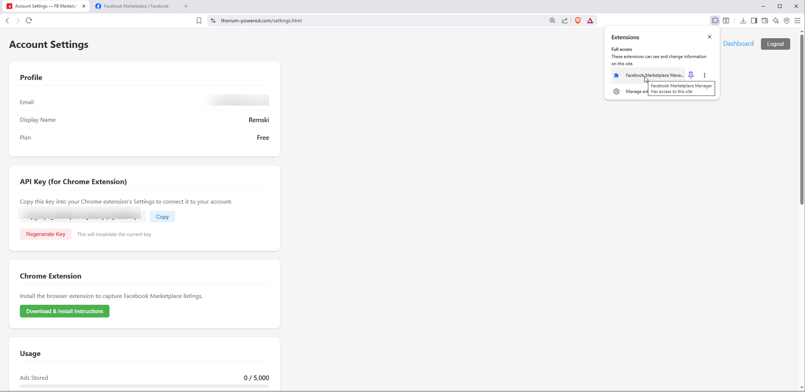 Browser toolbar showing extension icon and popup