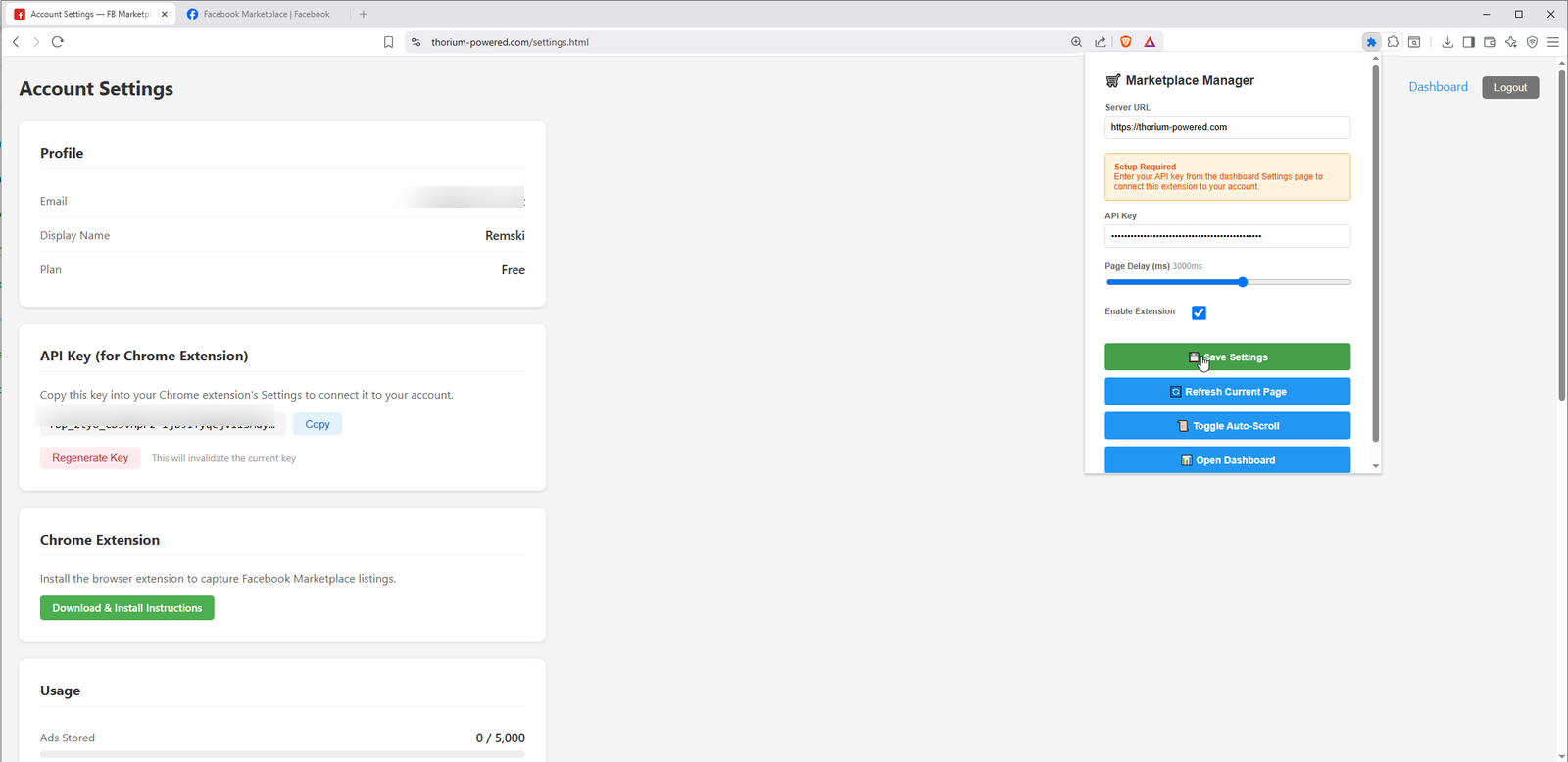 Extension popup with Save Settings button